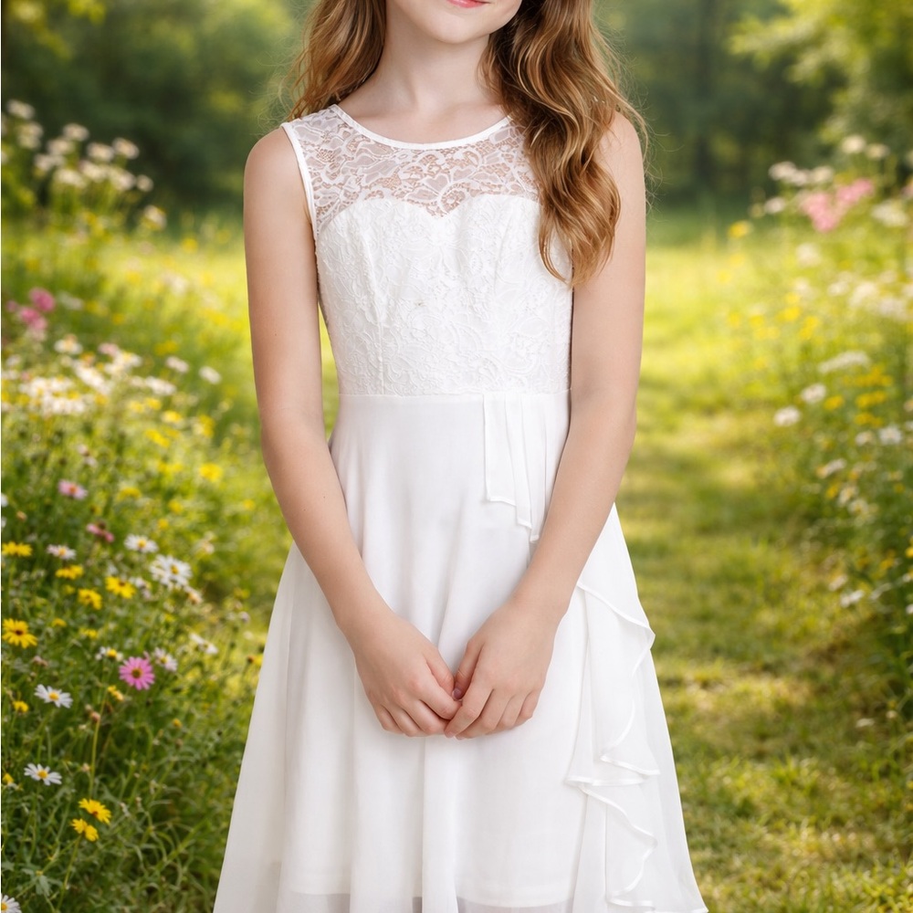 Junior Girl White Lace Floral Dress Sleeveless Special Occasion XS
